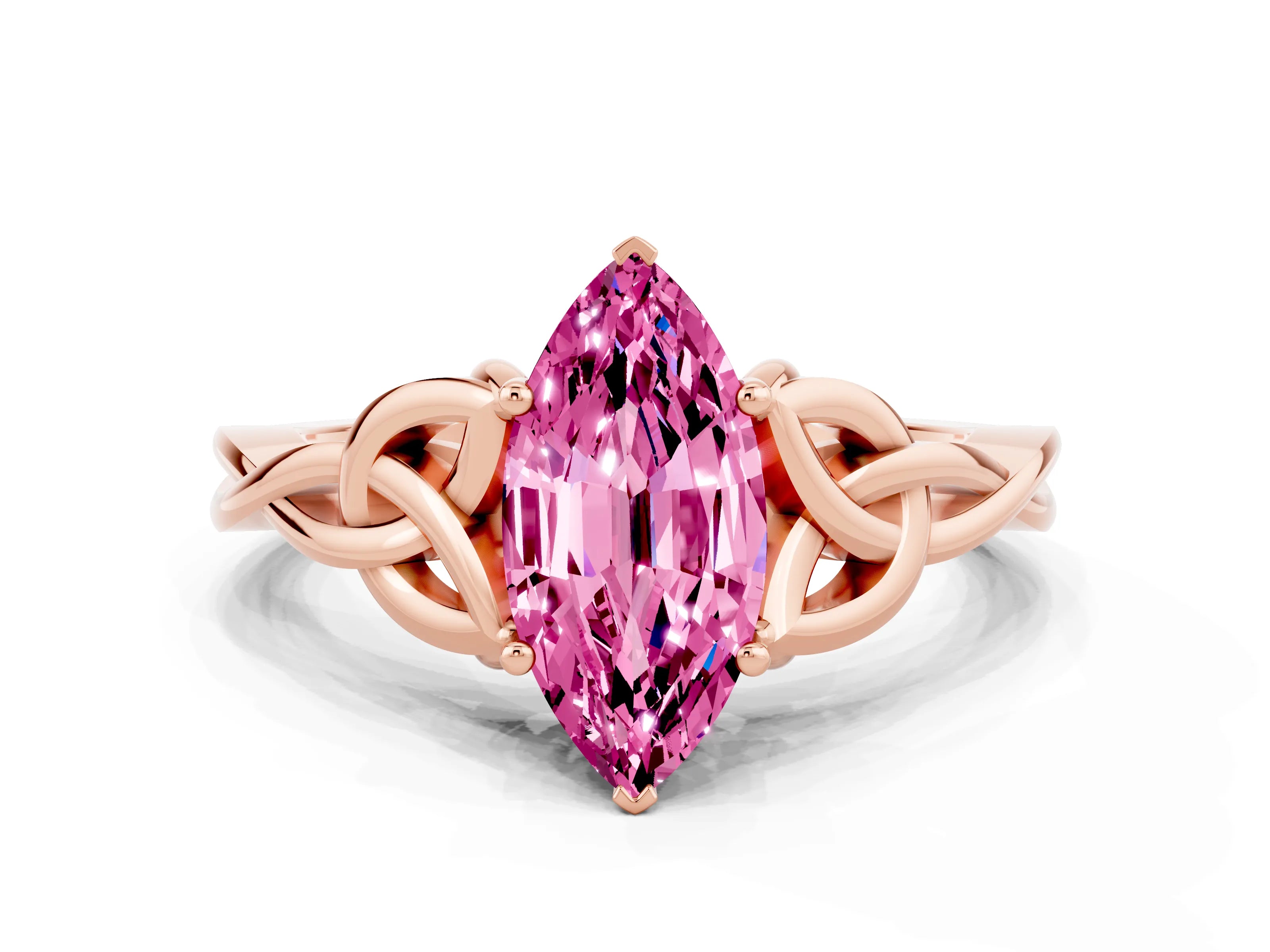 Rose gold Marquise Cut Pink Sapphire Solitaire Engagement Ring with Celtic Knot Band and Four-Prong Setting_24