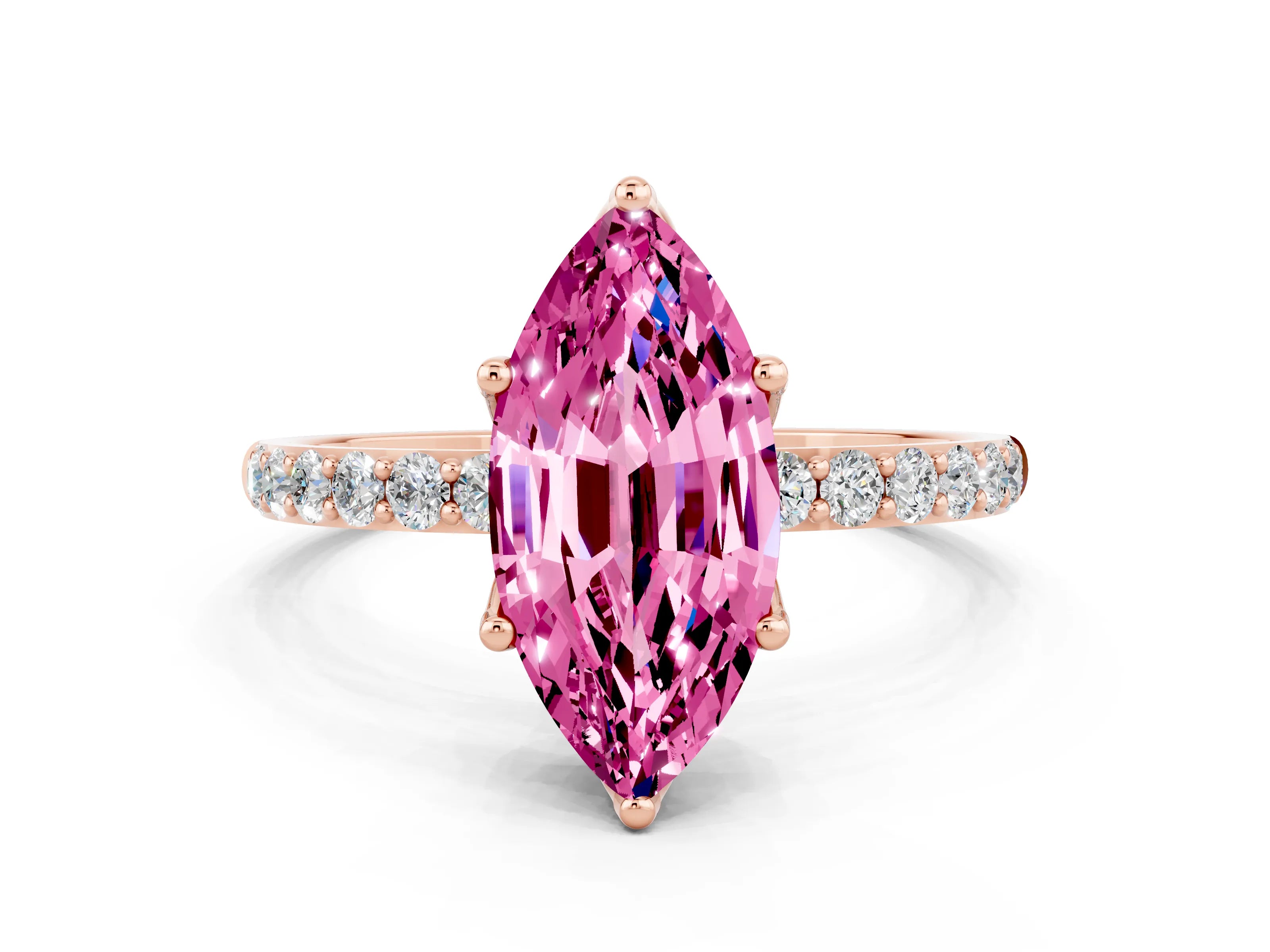 Rose gold Marquise Cut Pink Sapphire Solitaire Engagement Ring with Pavé Band and Prong Setting