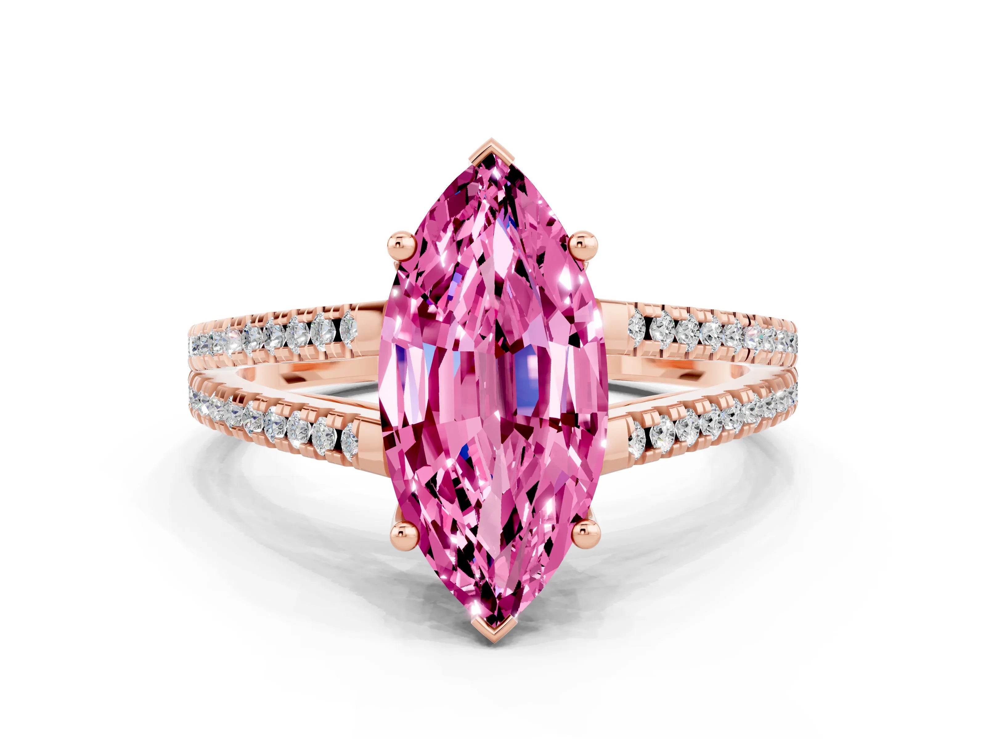 Rose gold Marquise Cut Pink Sapphire Solitaire Engagement Ring with Split Shank Pavé Band_12