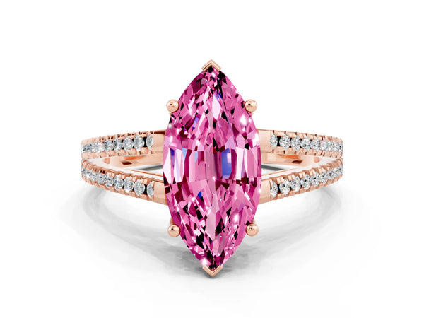 Rose gold Marquise Cut Pink Sapphire Solitaire Engagement Ring with Split Shank Pavé Band