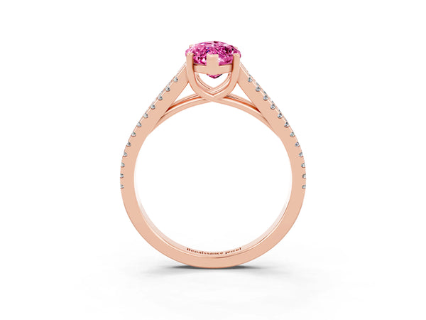 Rose gold Marquise Cut Pink Sapphire Solitaire Engagement Ring with Split Shank Pavé Band