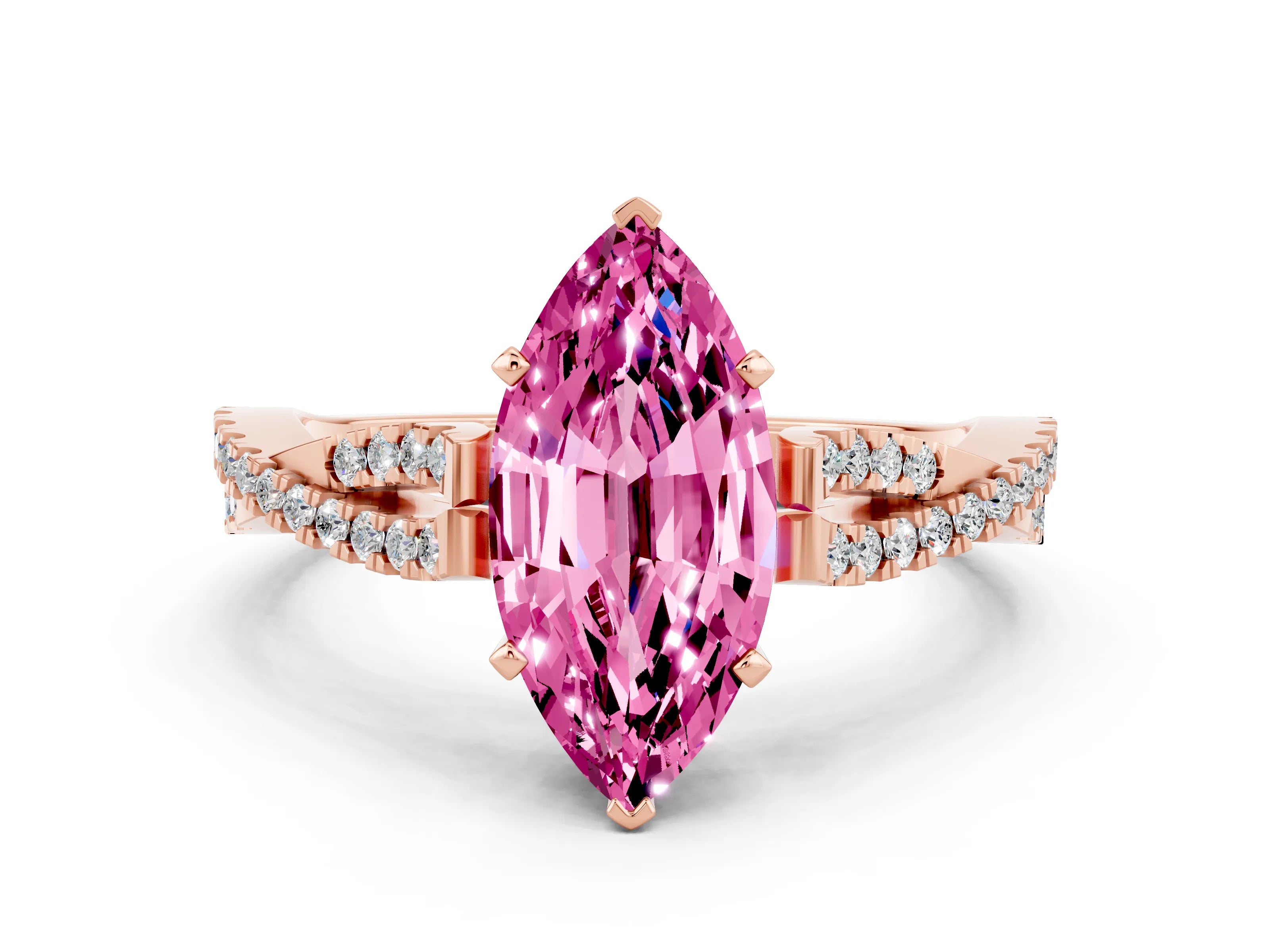 Rose gold Marquise Cut Pink Sapphire Solitaire Engagement Ring with Twisted Pavé Band and Four-Prong Setting_12