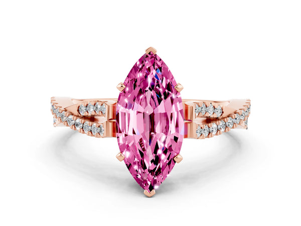 Rose gold Marquise Cut Pink Sapphire Solitaire Engagement Ring with Twisted Pavé Band and Four-Prong Setting