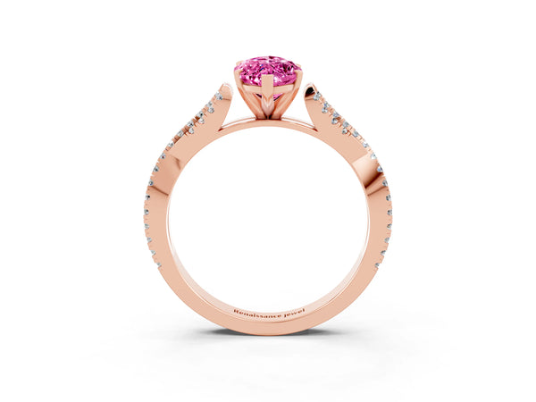 Rose gold Marquise Cut Pink Sapphire Solitaire Engagement Ring with Twisted Pavé Band and Four-Prong Setting