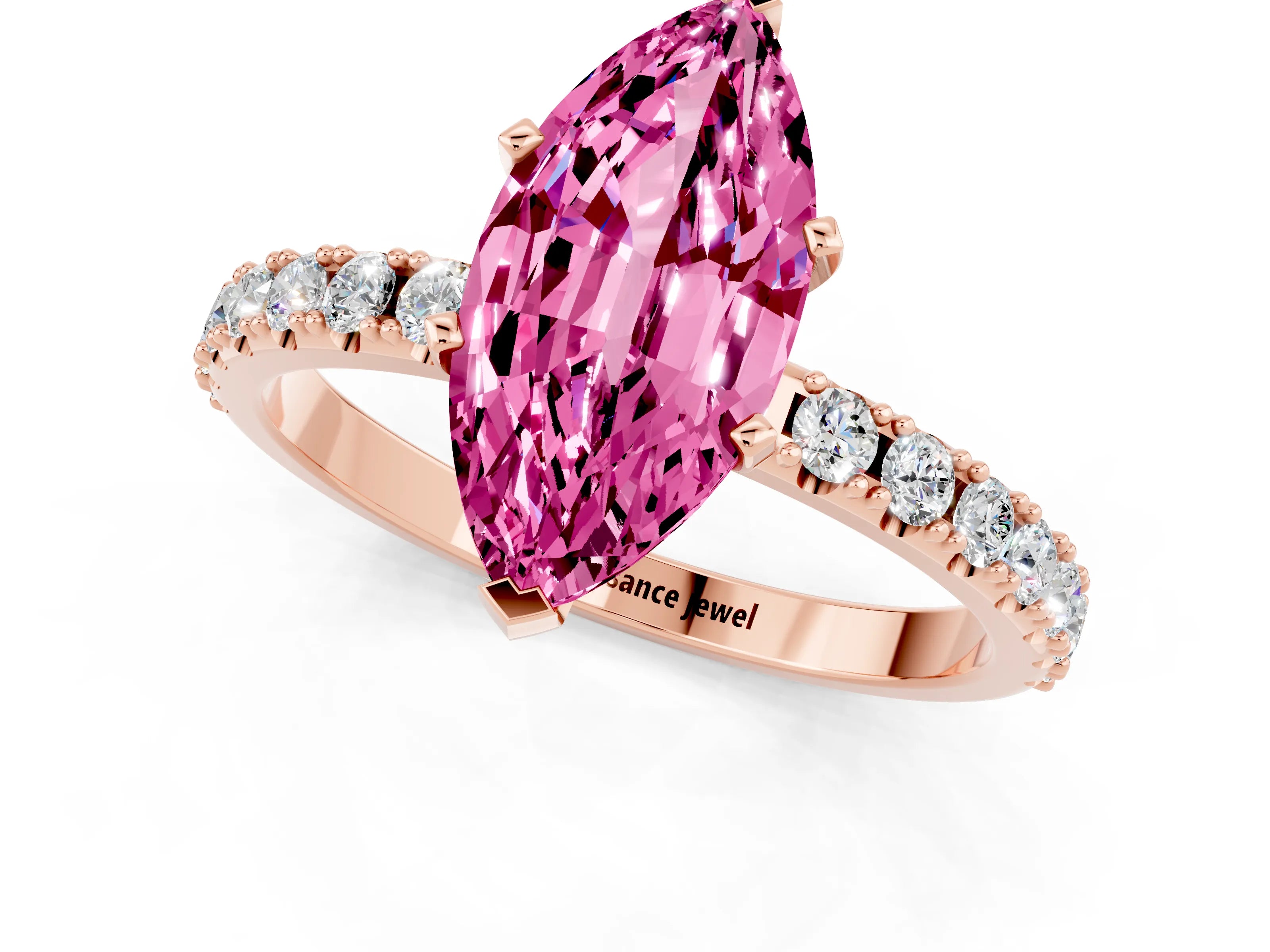 Rose gold Marquise Cut Pink Sapphire Solitaire Pavé Band with Four-Prong Setting_25