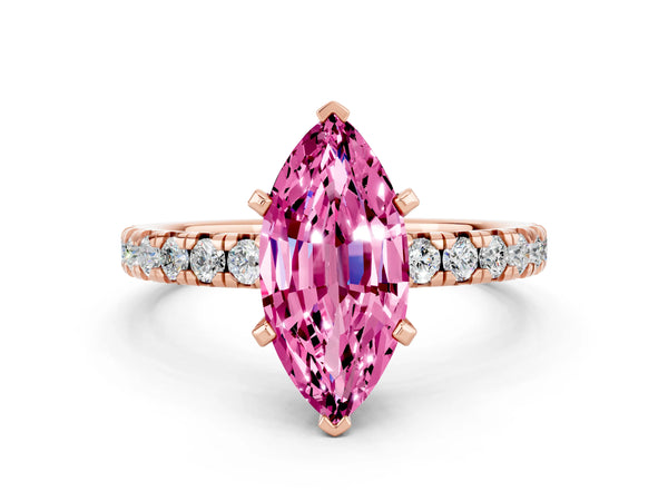 Rose gold Marquise Cut Pink Sapphire Solitaire Pavé Engagement Ring with Round Band and Prong Setting
