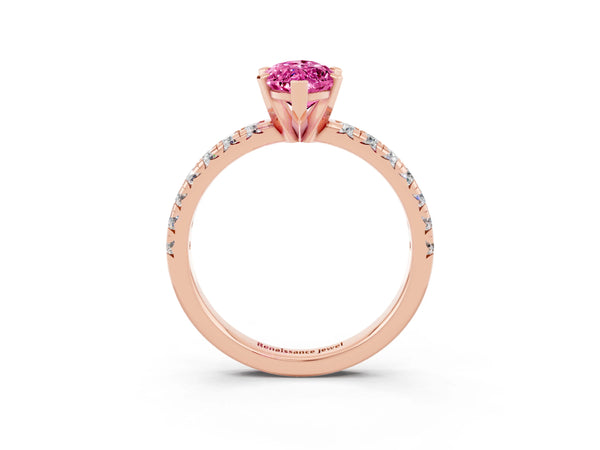 Rose gold Marquise Cut Pink Sapphire Solitaire Pavé Engagement Ring with Round Band and Prong Setting