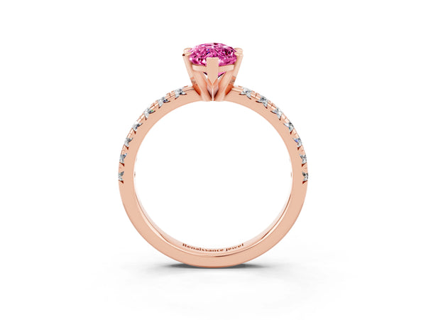 Rose gold Marquise Cut Pink Sapphire Solitaire Pavé Engagement Ring with Round Band and Prong Setting