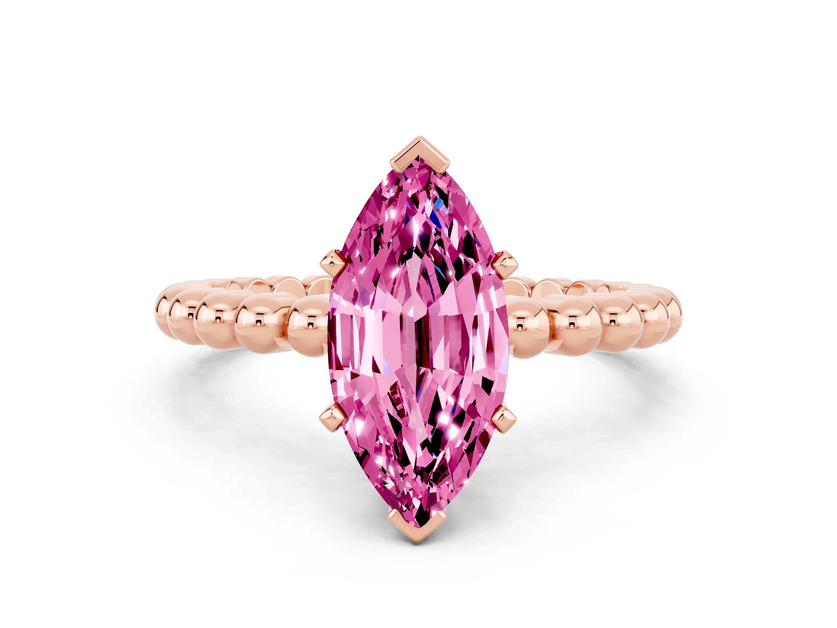 Rose gold Marquise Cut Pink Sapphire Solitaire Ring with Beaded Band and Prong Setting