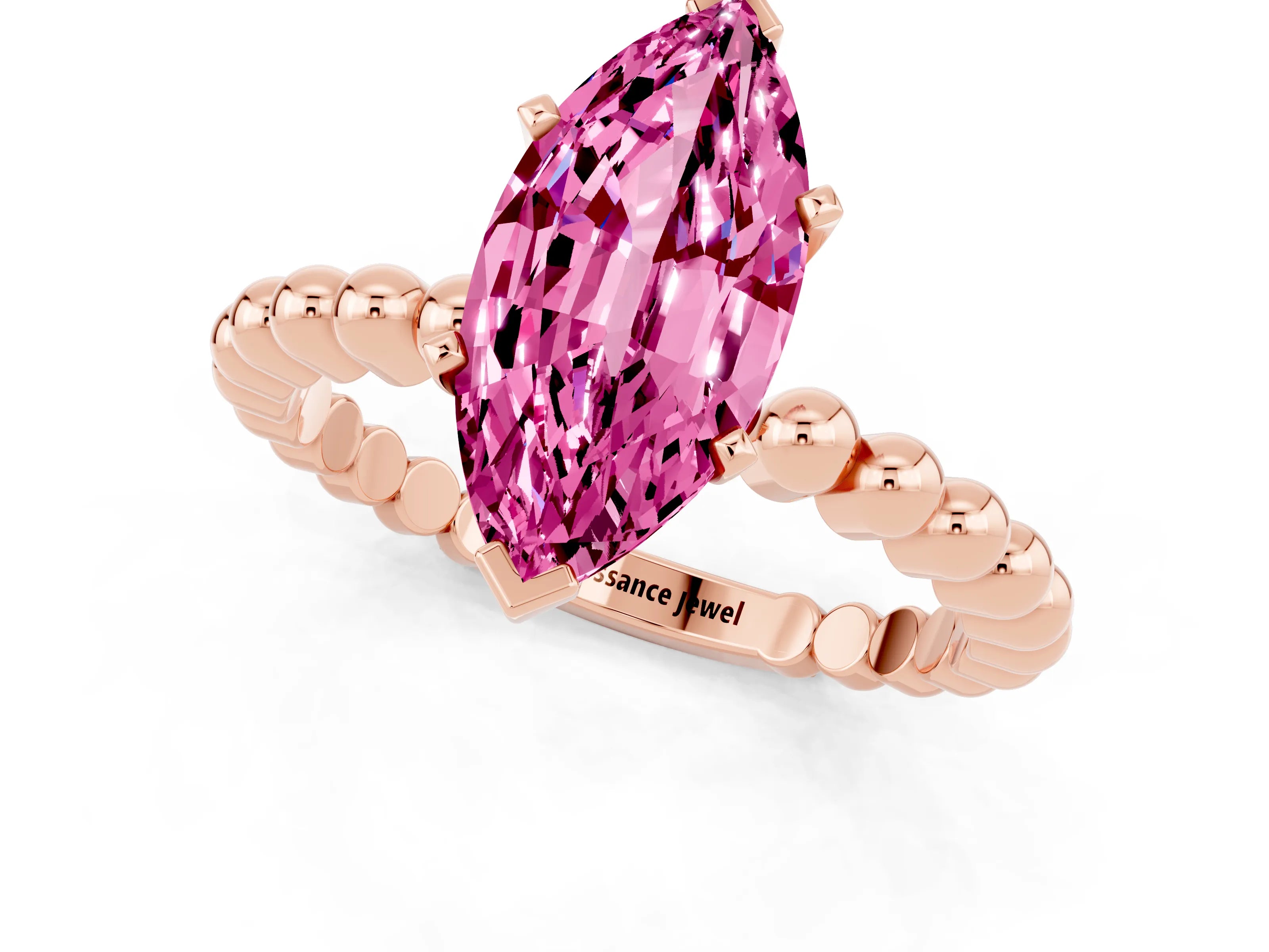 Rose gold Marquise Cut Pink Sapphire Solitaire Ring with Beaded Band and Prong Setting_1