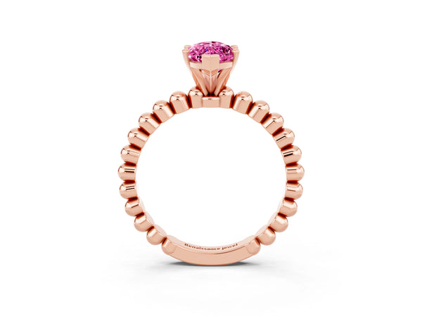 Rose gold Marquise Cut Pink Sapphire Solitaire Ring with Beaded Band and Prong Setting