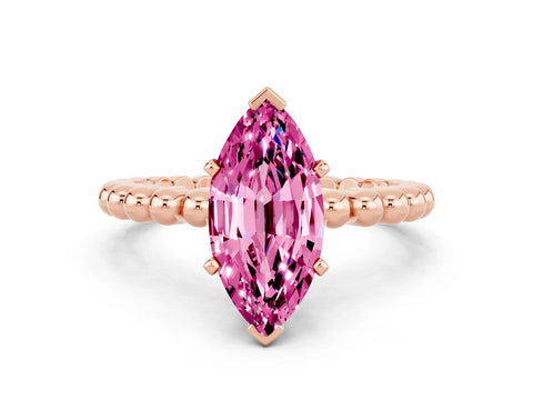 Rose gold Marquise Cut Pink Sapphire Solitaire Ring with Beaded Band and Prong Setting