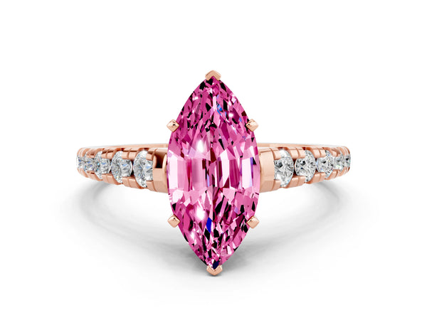 Rose gold Marquise Cut Pink Sapphire Cathedral Solitaire Ring with Round  Pavé Band