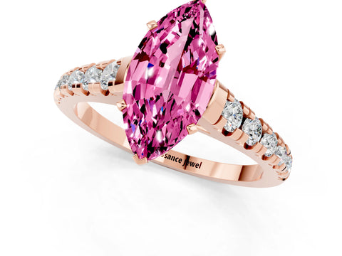 Rose gold Marquise Cut Pink Sapphire Solitaire Ring with Cathedral Setting and Pavé Band_25