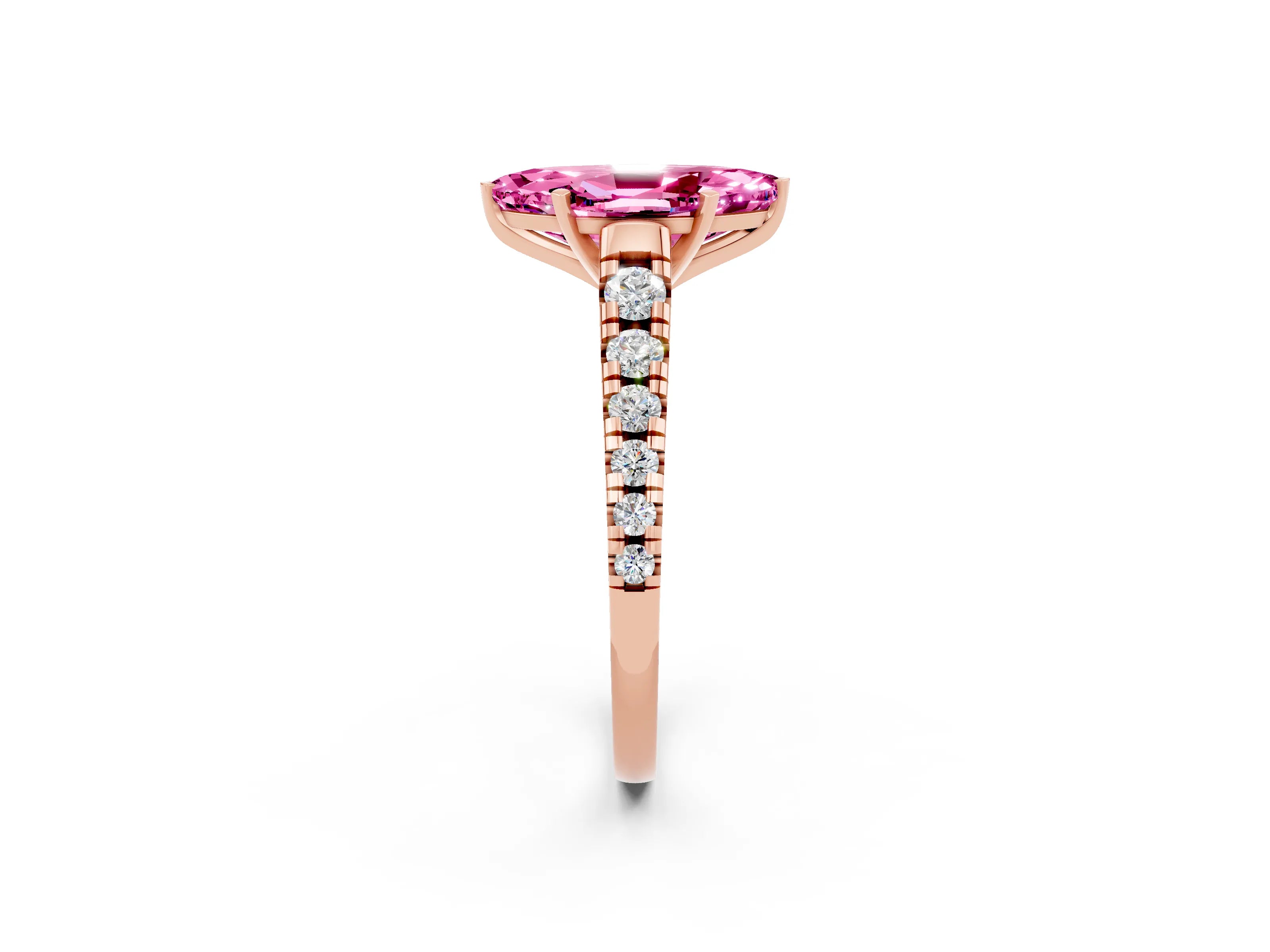 Rose gold Marquise Cut Pink Sapphire Solitaire Ring with Cathedral Setting and Pavé Band_26