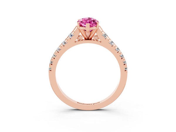 Rose gold Marquise Cut Pink Sapphire Cathedral Solitaire Ring with Round  Pavé Band