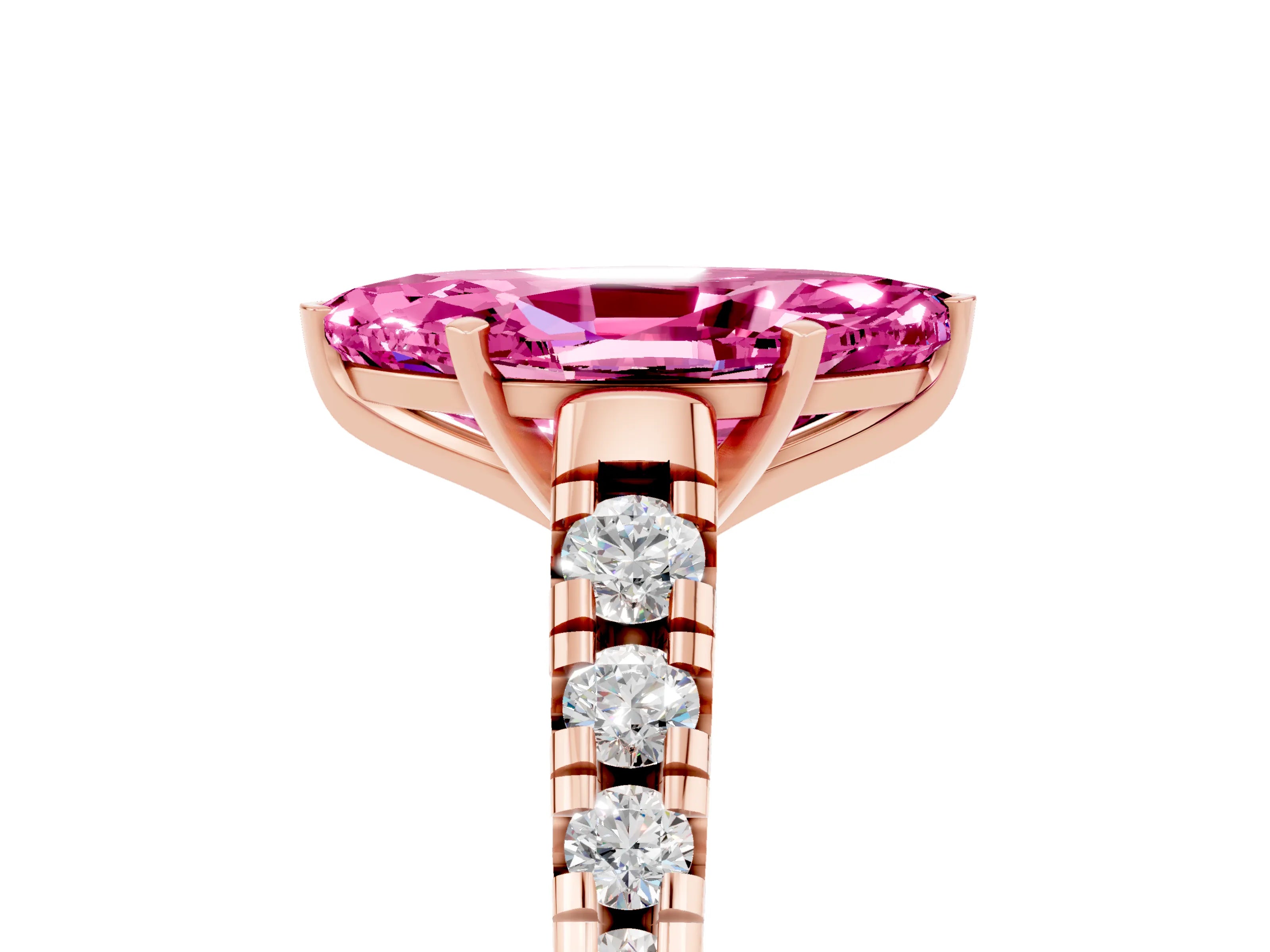 Rose gold Marquise Cut Pink Sapphire Solitaire Ring with Cathedral Setting and Pavé Band_29