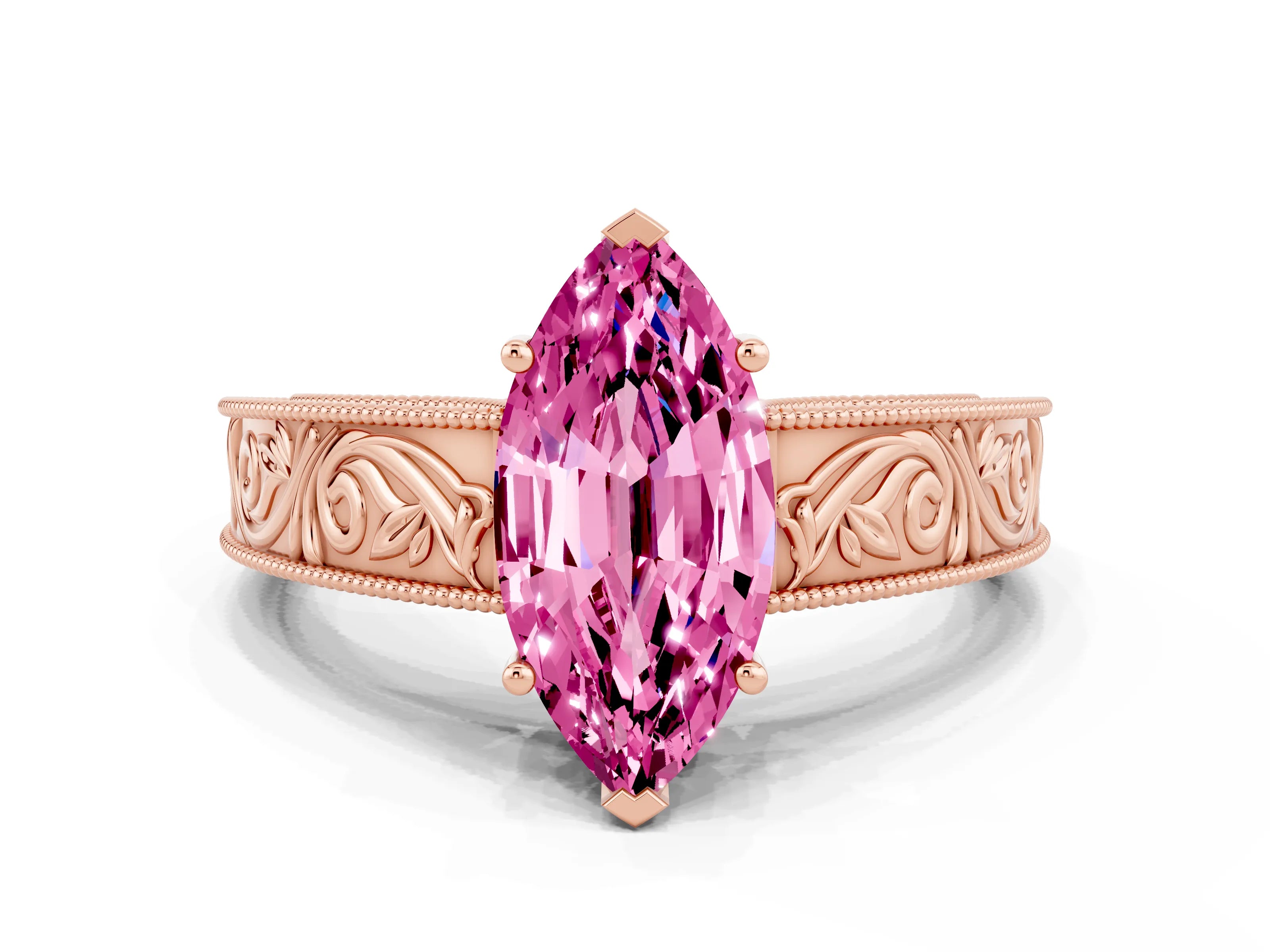 Rose gold Marquise Cut Pink Sapphire Solitaire Ring with Engraved Band and Four-Prong Setting