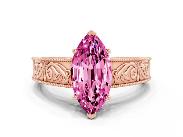 Rose gold Marquise Cut Pink Sapphire Solitaire Ring with Engraved Band and Four-Prong Setting