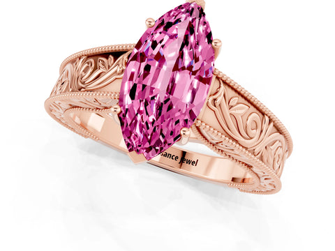 Rose gold Marquise Cut Pink Sapphire Solitaire Ring with Engraved Band and Four-Prong Setting_1