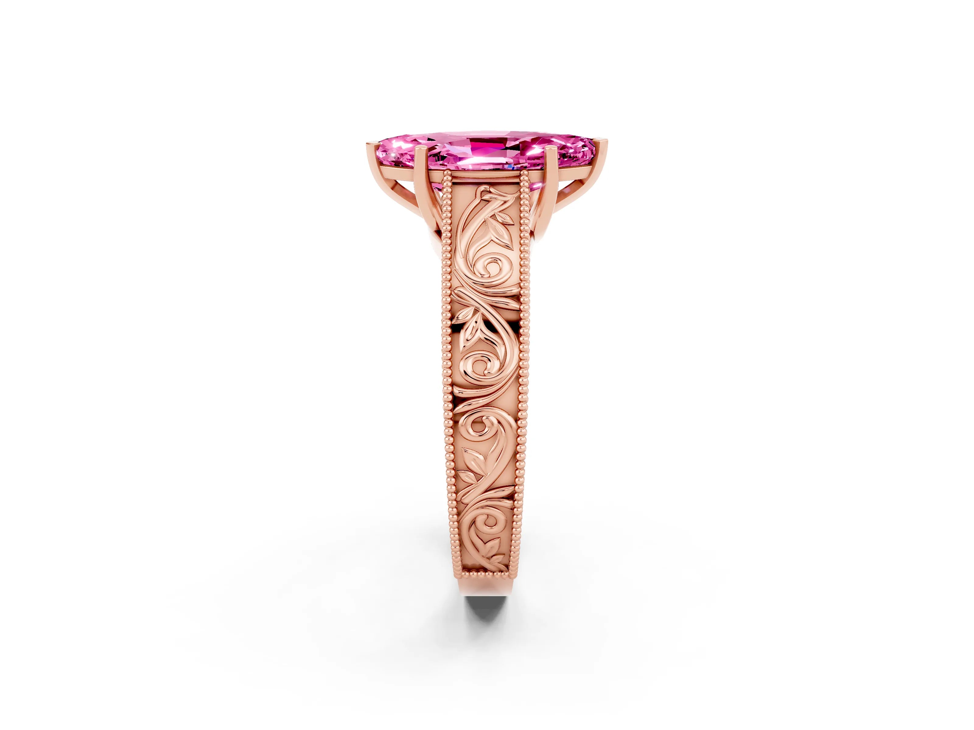 Rose gold Marquise Cut Pink Sapphire Solitaire Ring with Engraved Band and Four-Prong Setting_2