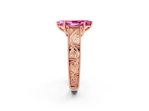 Rose gold Marquise Cut Pink Sapphire Solitaire Ring with Engraved Band and Four-Prong Setting_2