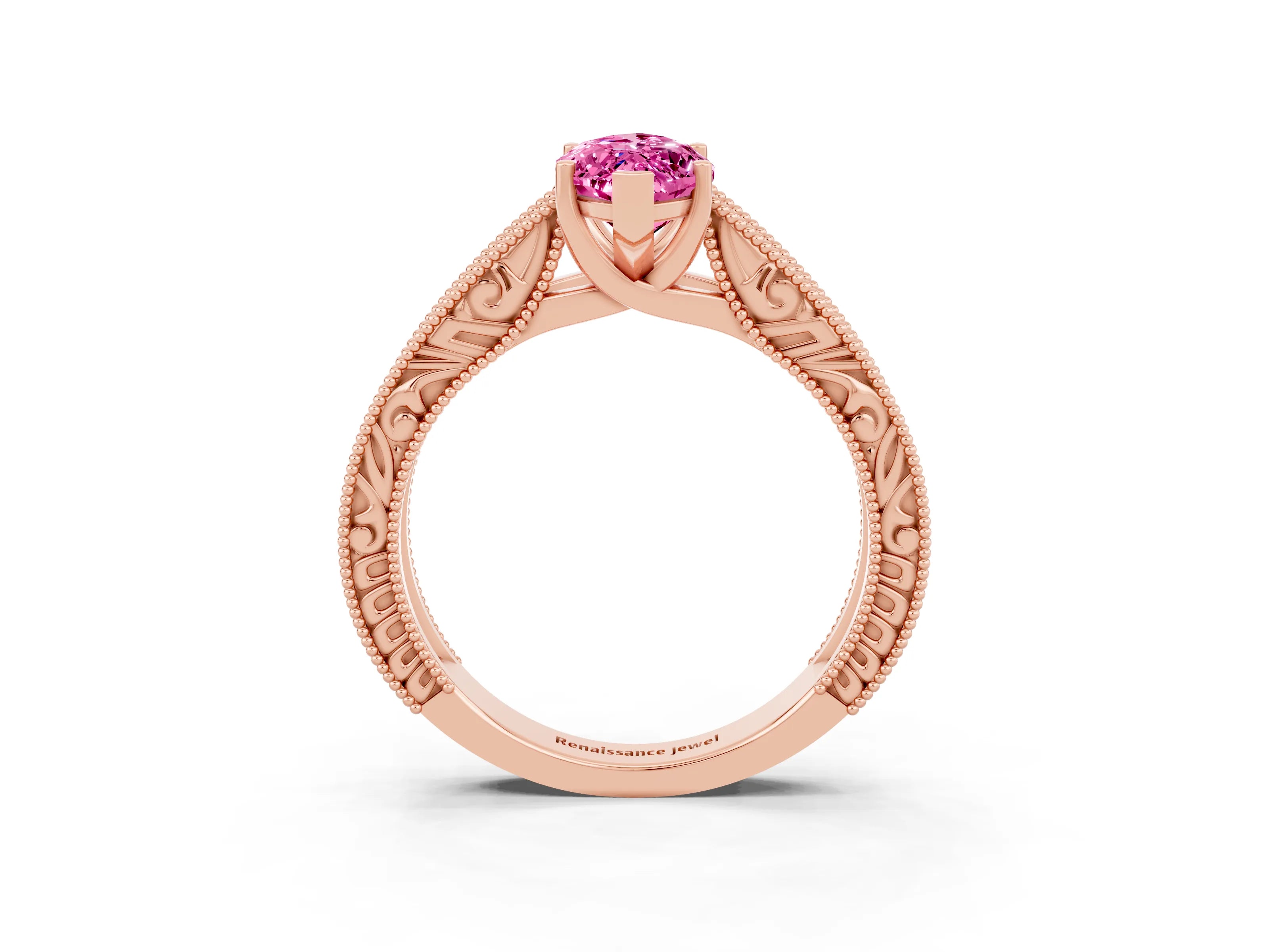 Rose gold Marquise Cut Pink Sapphire Solitaire Ring with Engraved Band and Four-Prong Setting_3