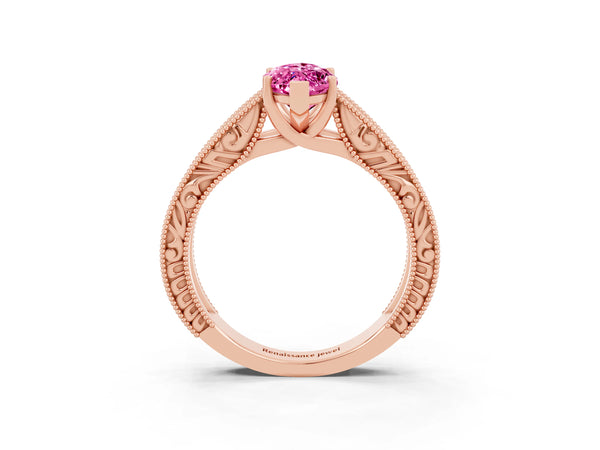 Rose gold Marquise Cut Pink Sapphire Solitaire Ring with Engraved Band and Four-Prong Setting