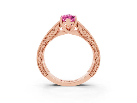 Rose gold Marquise Cut Pink Sapphire Solitaire Ring with Engraved Band and Four-Prong Setting_3