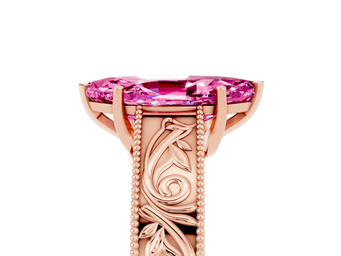 Rose gold Marquise Cut Pink Sapphire Solitaire Ring with Engraved Band and Four-Prong Setting_5