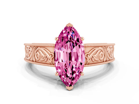 Rose gold Marquise Cut Pink Sapphire Solitaire Ring with Engraved Band and Four-Prong Setting