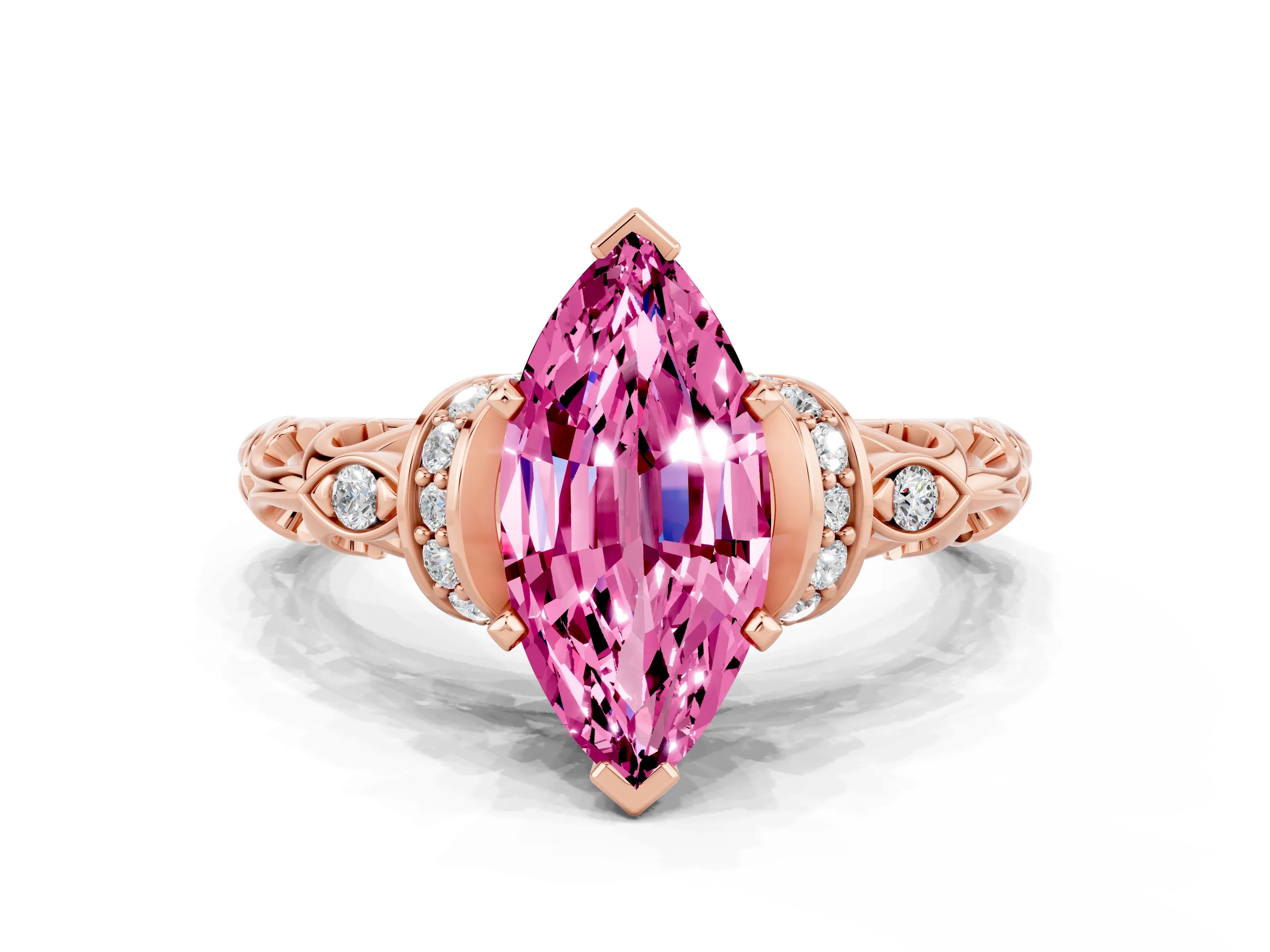 Rose gold Marquise Cut Pink Sapphire Solitaire Ring with Filigree Band and Four-Prong Setting_48