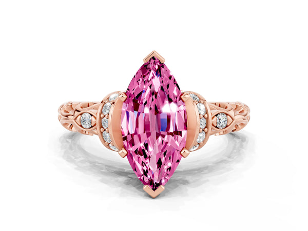 Rose gold Marquise Cut Pink Sapphire Solitaire Ring with Filigree Band and Four-Prong Setting
