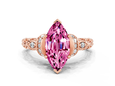 Rose gold Marquise Cut Pink Sapphire Solitaire Ring with Filigree Band and Four-Prong Setting_48