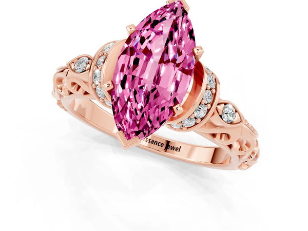 Rose gold Marquise Cut Pink Sapphire Solitaire Ring with Filigree Band and Four-Prong Setting