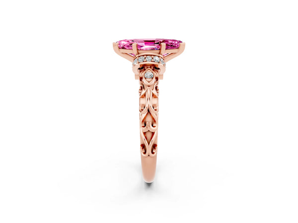 Rose gold Marquise Cut Pink Sapphire Solitaire Ring with Filigree Band and Four-Prong Setting