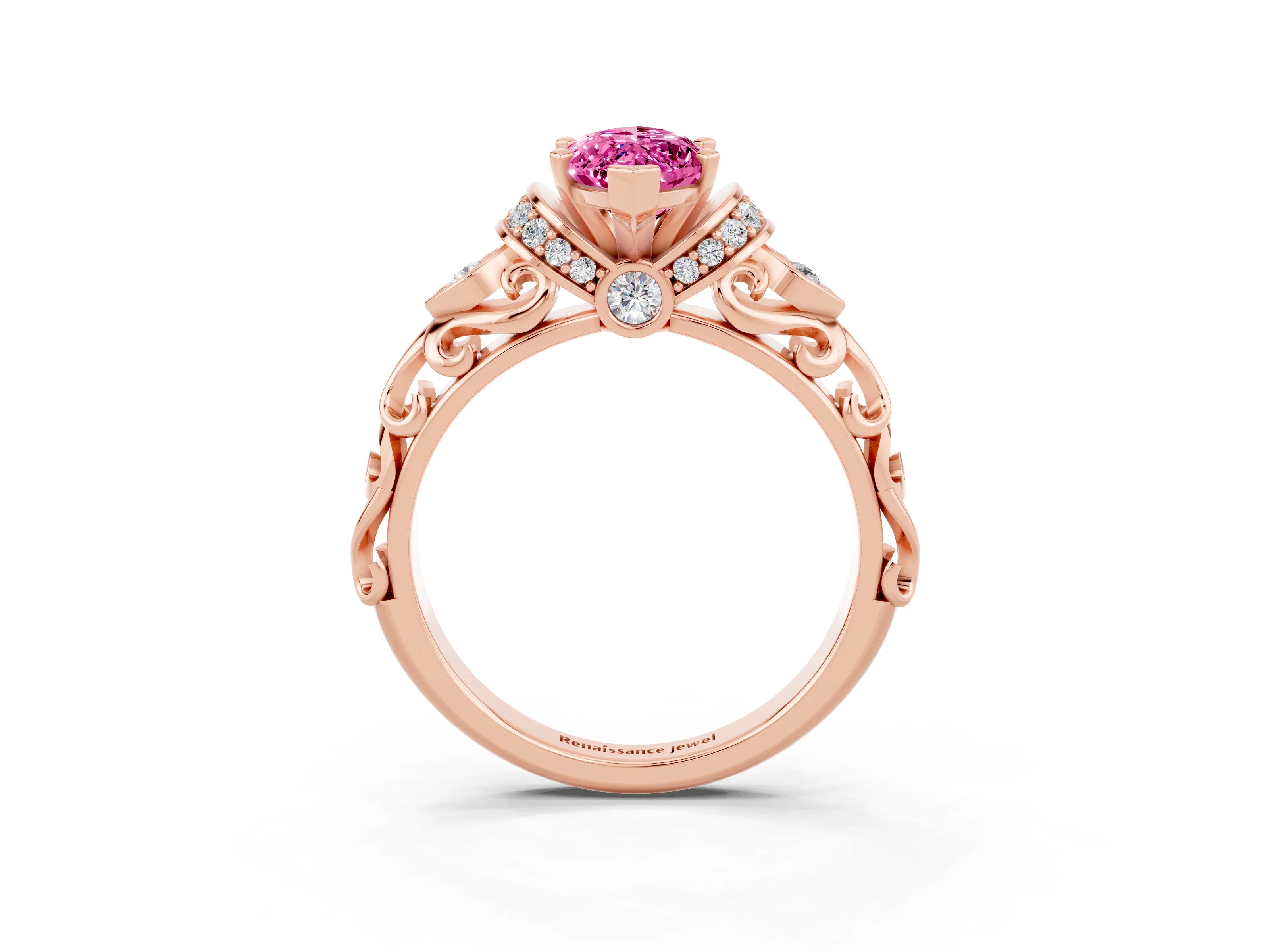 Rose gold Marquise Cut Pink Sapphire Solitaire Ring with Filigree Band and Four-Prong Setting_51
