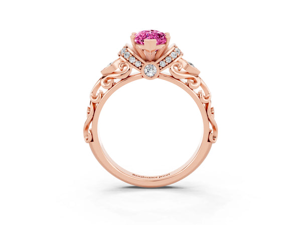 Rose gold Marquise Cut Pink Sapphire Solitaire Ring with Filigree Band and Four-Prong Setting