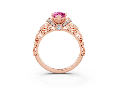 Rose gold Marquise Cut Pink Sapphire Solitaire Ring with Filigree Band and Four-Prong Setting_51