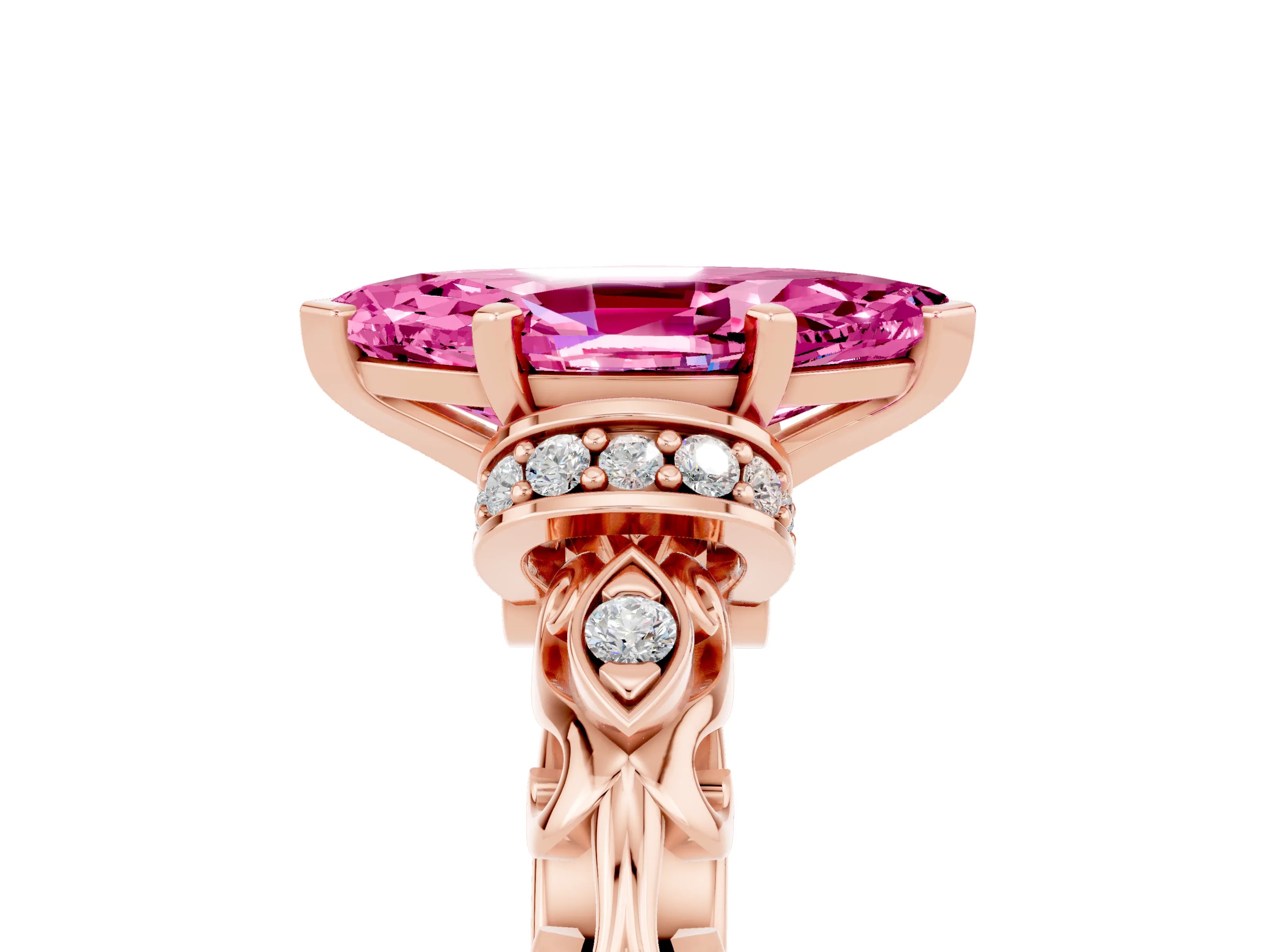 Rose gold Marquise Cut Pink Sapphire Solitaire Ring with Filigree Band and Four-Prong Setting_53