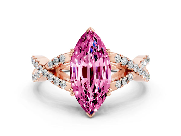 Rose gold Marquise Cut Pink Sapphire Solitaire Ring with Four-Prong Setting and Twisted Pavé Band