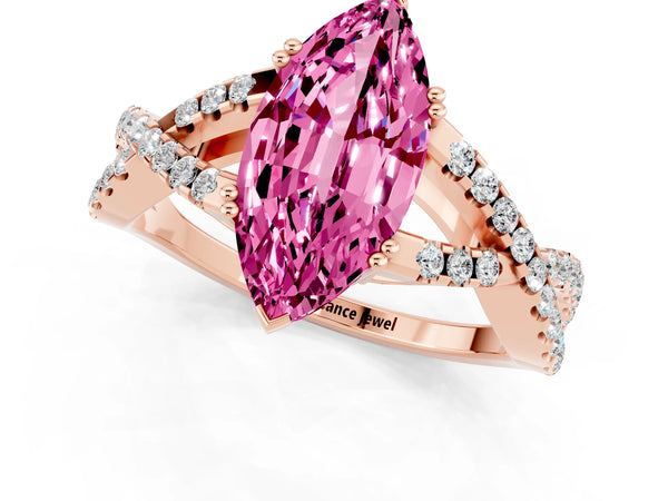 Rose gold Marquise Cut Pink Sapphire Solitaire Ring with Four-Prong Setting and Twisted Pavé Band