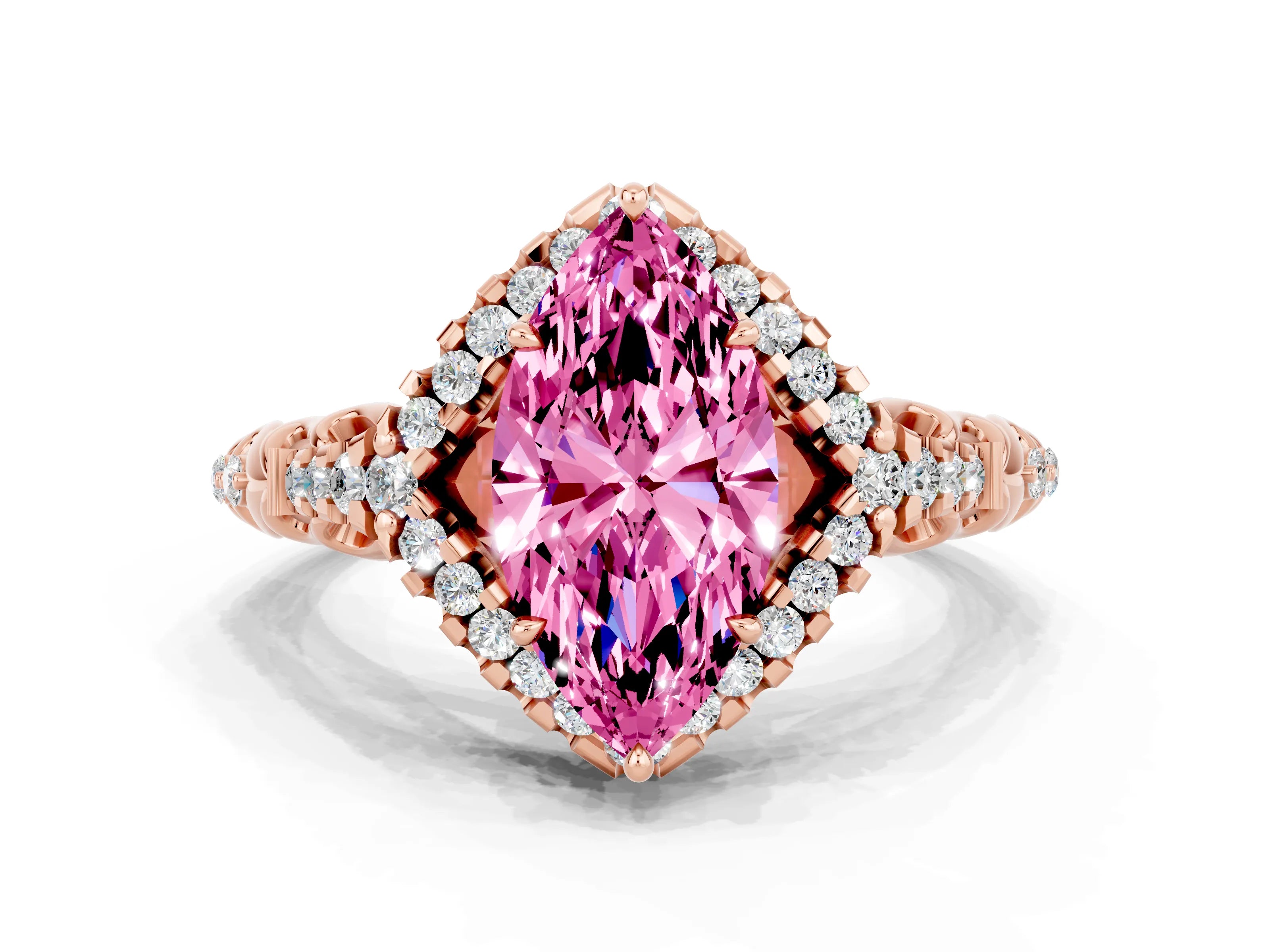 Rose gold Marquise Cut Pink Sapphire Solitaire Ring with Hidden Halo and Pavé Band_12