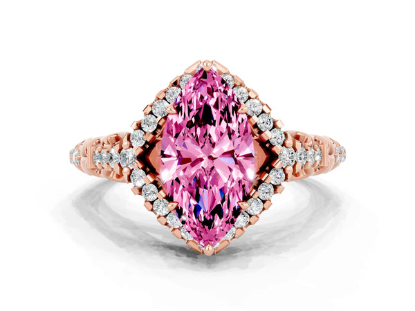 Rose gold Marquise Cut Pink Sapphire Solitaire Ring with Hidden Halo and Pavé Band