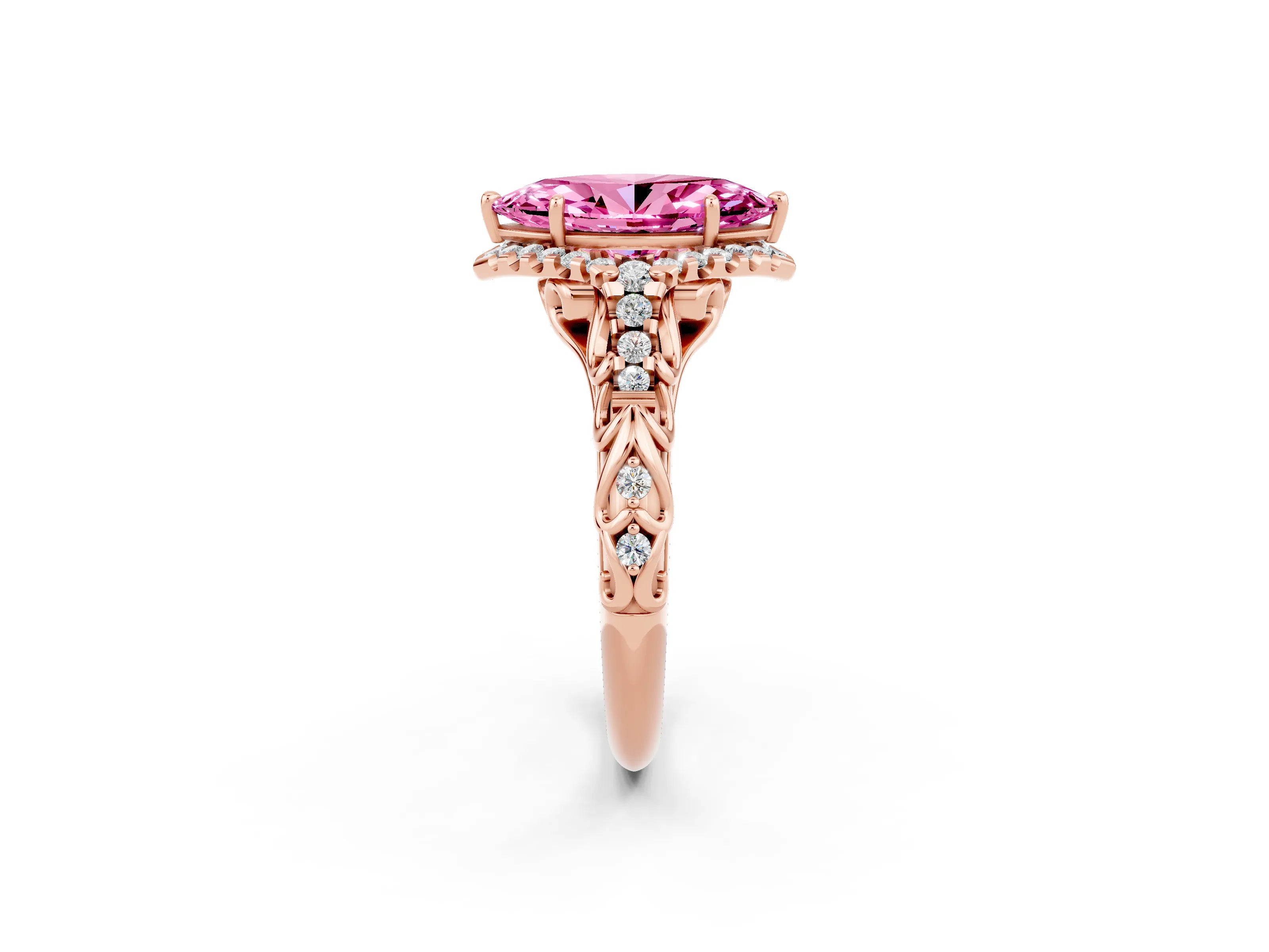 Rose gold Marquise Cut Pink Sapphire Solitaire Ring with Hidden Halo and Pavé Band_14