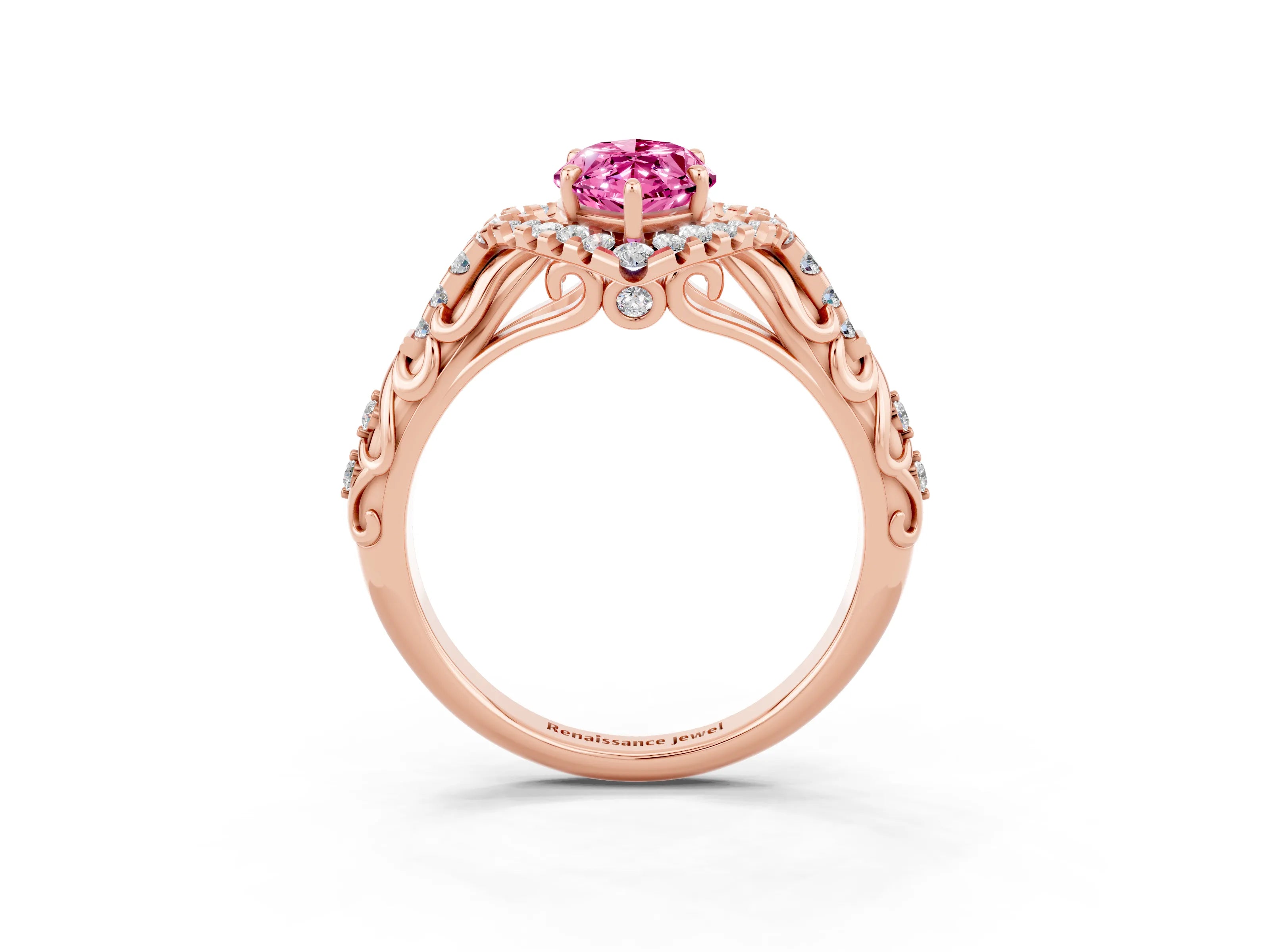 Rose gold Marquise Cut Pink Sapphire Solitaire Ring with Hidden Halo and Pavé Band_15
