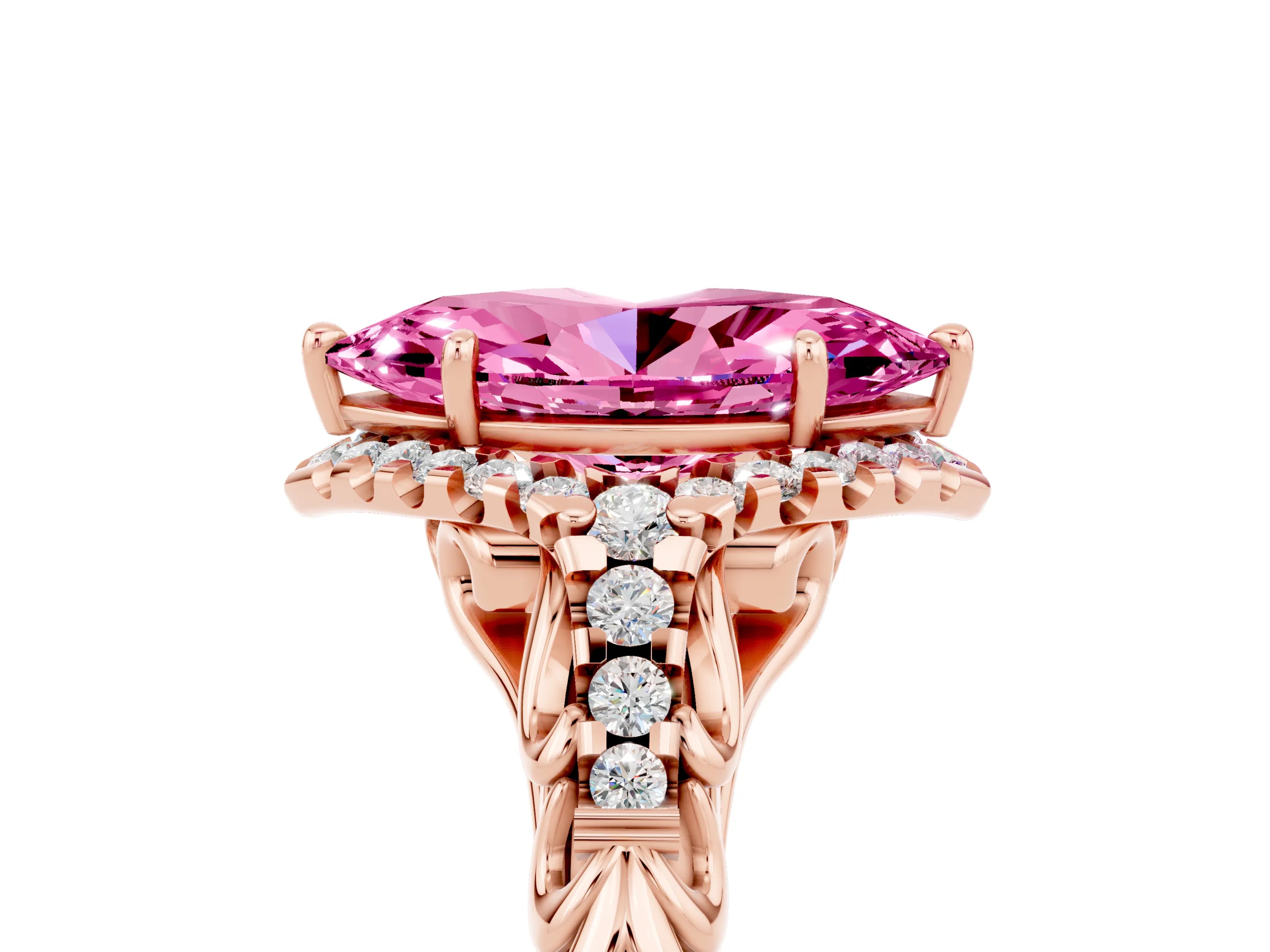 Rose gold Marquise Cut Pink Sapphire Solitaire Ring with Hidden Halo and Pavé Band_17