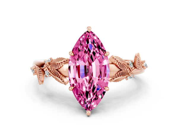 Rose gold Marquise Cut Pink Sapphire Solitaire Ring with Leaf Motif Band and Four-Prong Setting
