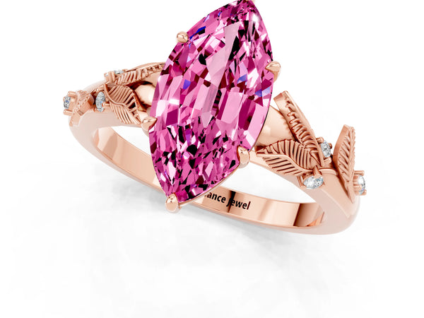 Rose gold Marquise Cut Pink Sapphire Solitaire Ring with Leaf Motif Band and Four-Prong Setting