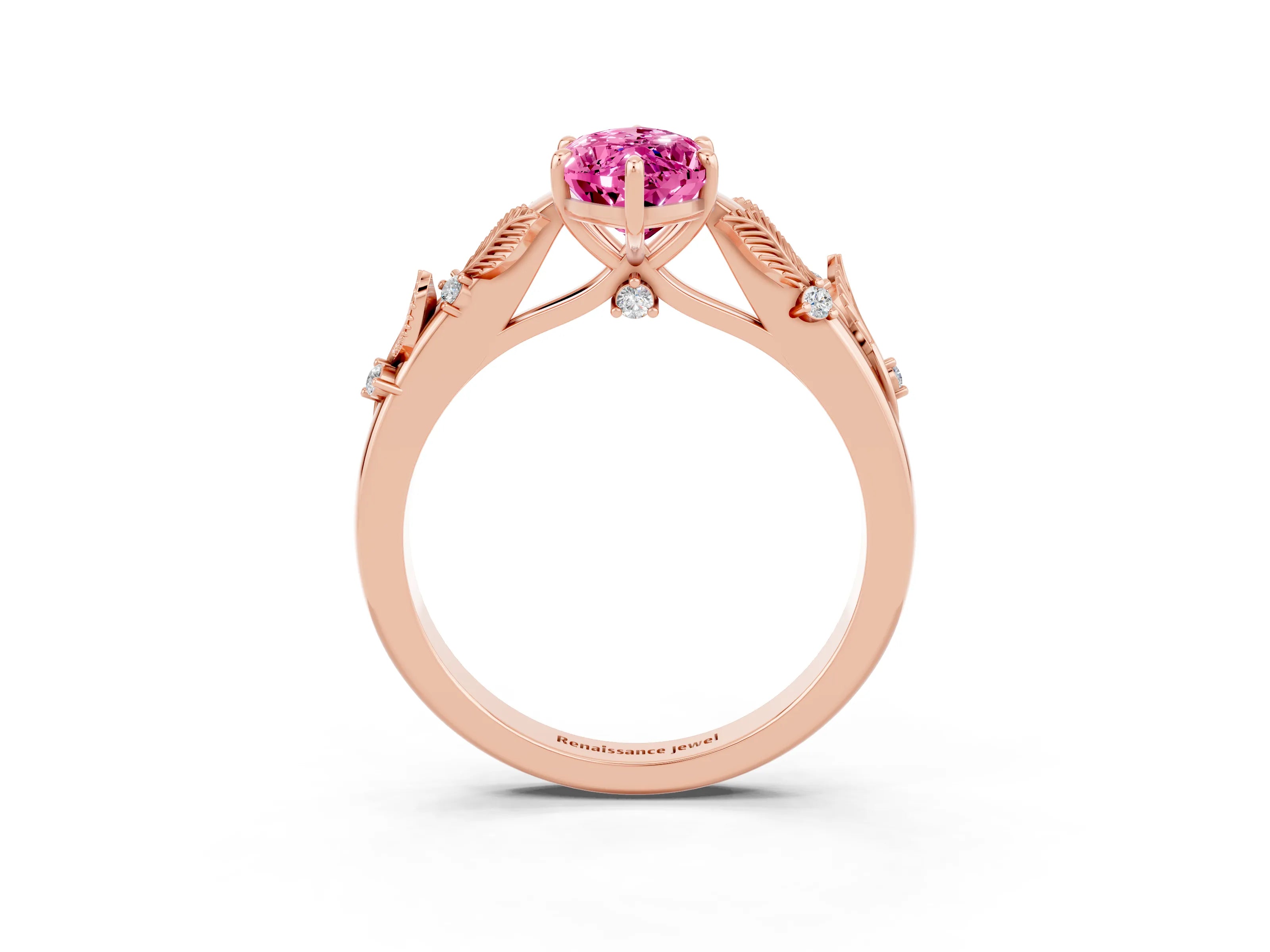 Rose gold Marquise Cut Pink Sapphire Solitaire Ring with Leaf Motif Band and Four-Prong Setting_3